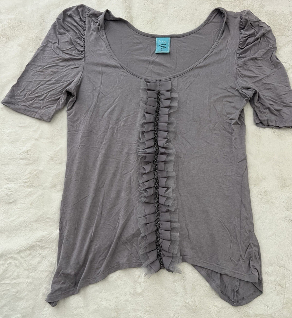 H.I.P Womens Large Gray Ruffle Front Puff Sleeve Stretch Blouse Casual Top